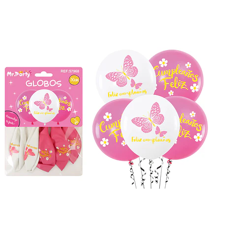 Globos de látex feliz cumpleaños con mariposas 30cm 5pcs