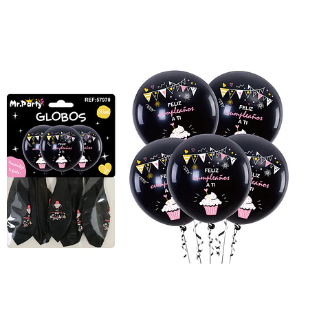 Globos de látex feliz cumpleaños negro 30cm 5pcs