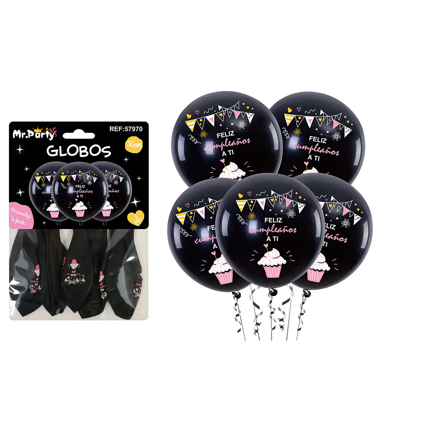Globos de látex feliz cumpleaños negro 30cm 5pcs 1