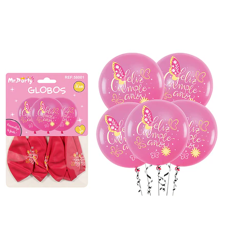 Globos de látex feliz cumpleaños con mariposas 30cm 5pcs