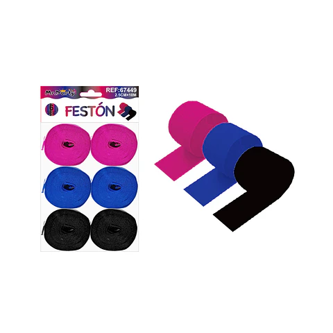 Festón fucsia, azul oscuro y negro 2.5cm*10m 6pcs