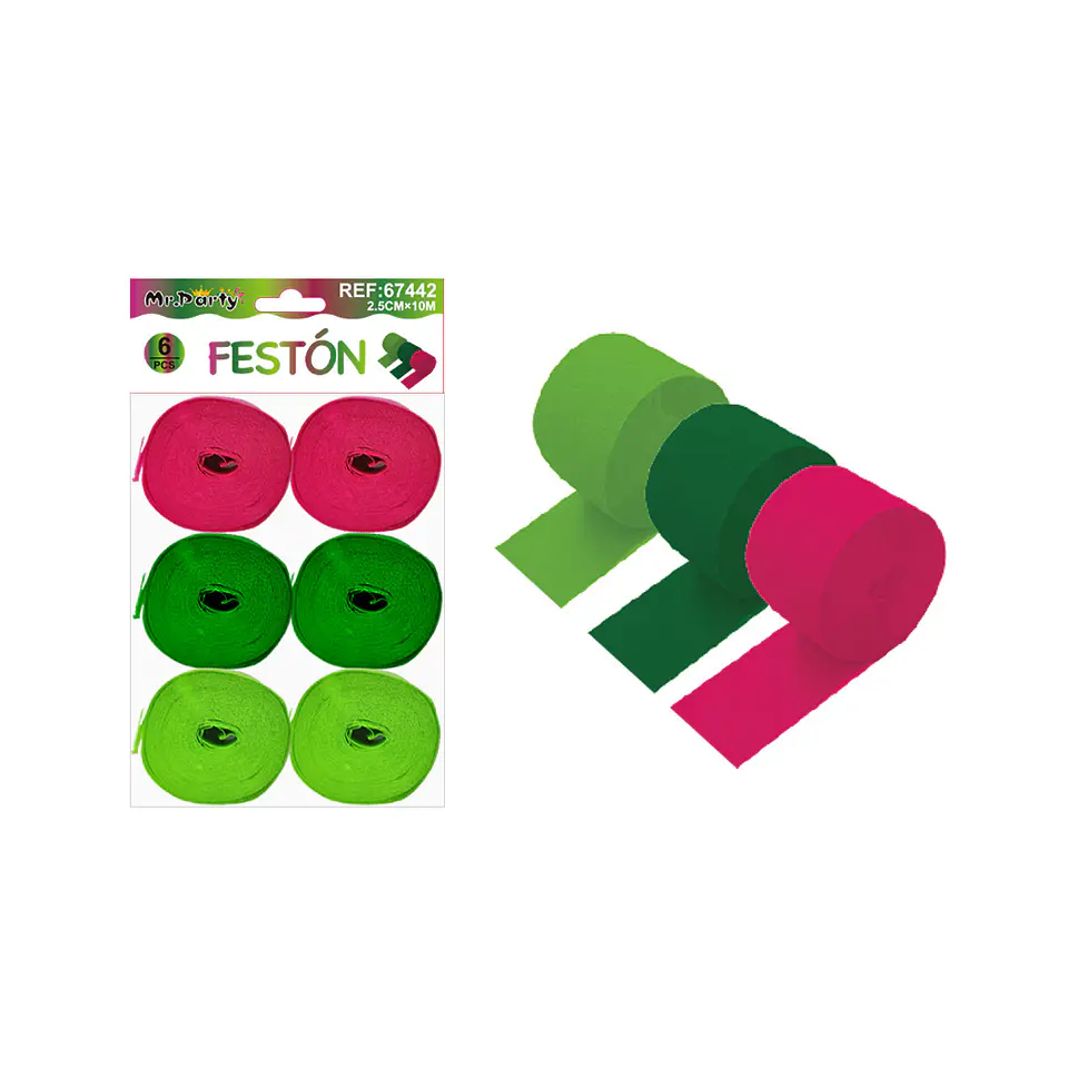 Festón fucsia, verde oscuro y verde pasto 2.5cm*10m 6pcs 1