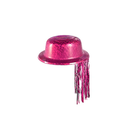 Sombrero redondo metalizado con flecos fucsia