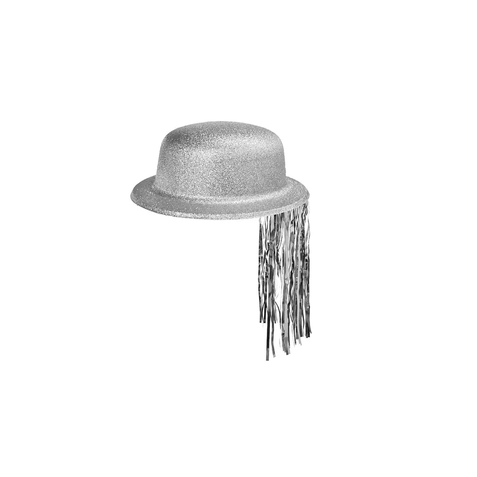 Sombrero redondo con glitter y flecos plateado 1