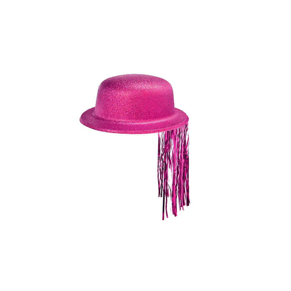 Sombrero redondo con glitter y flecos fucsia 1