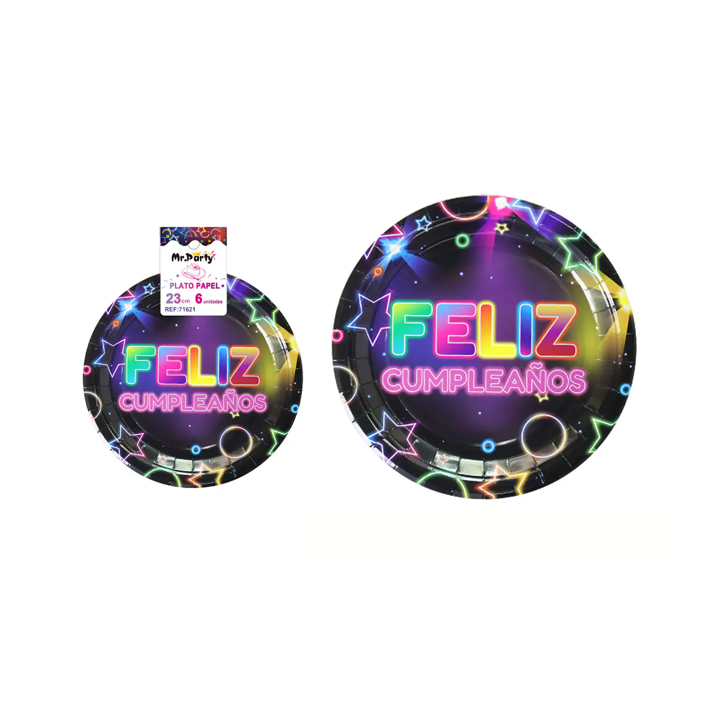 Platos de papel luces neón 23cm 6pcs 1