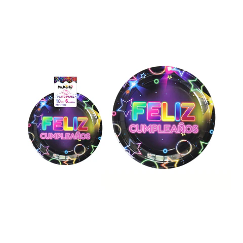 Platos de papel luces neón 18cm 6pcs