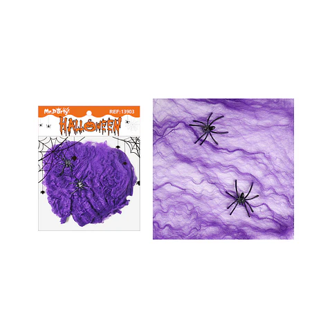 Algodón de telaraña morado Halloween 20g con 2 arañas