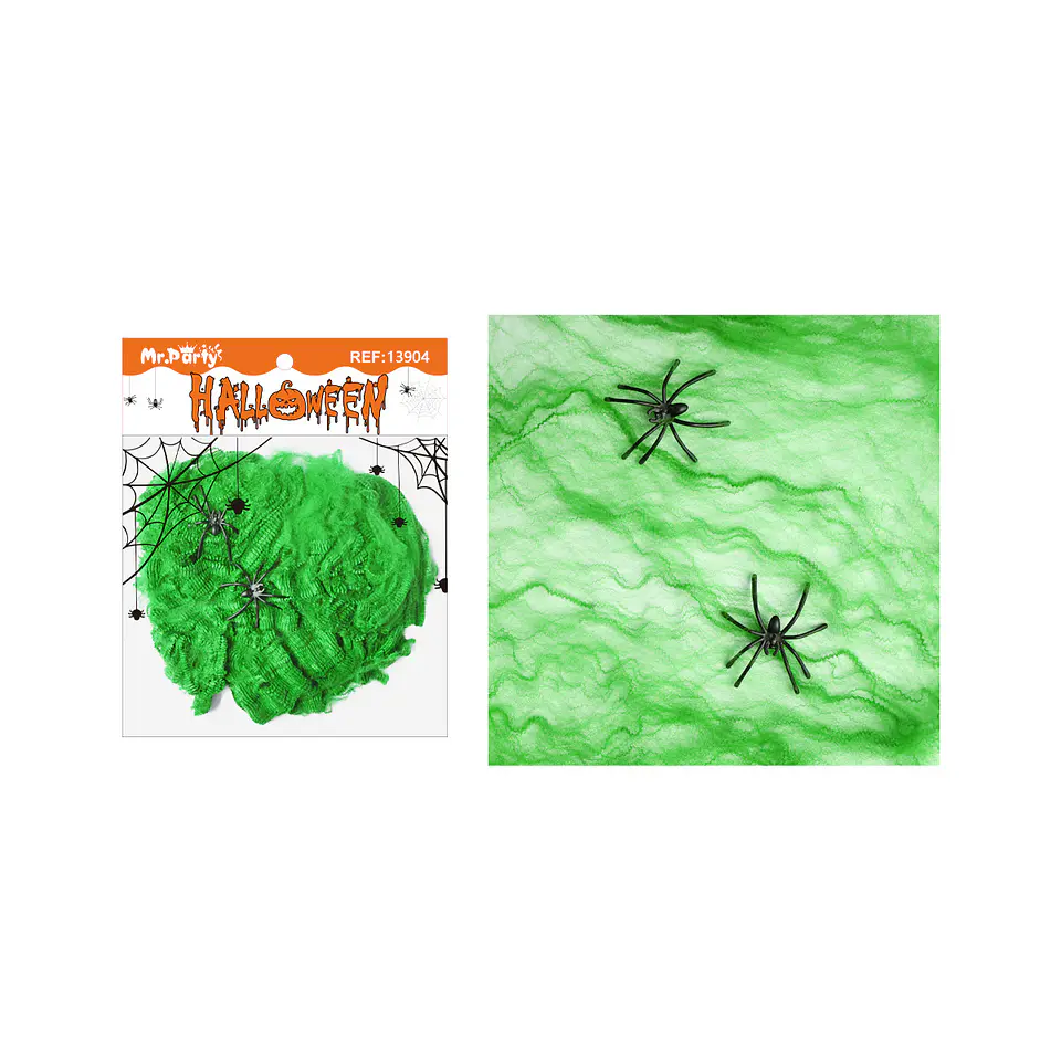 Algodón de telaraña verde Halloween 20g con 2 arañas 1