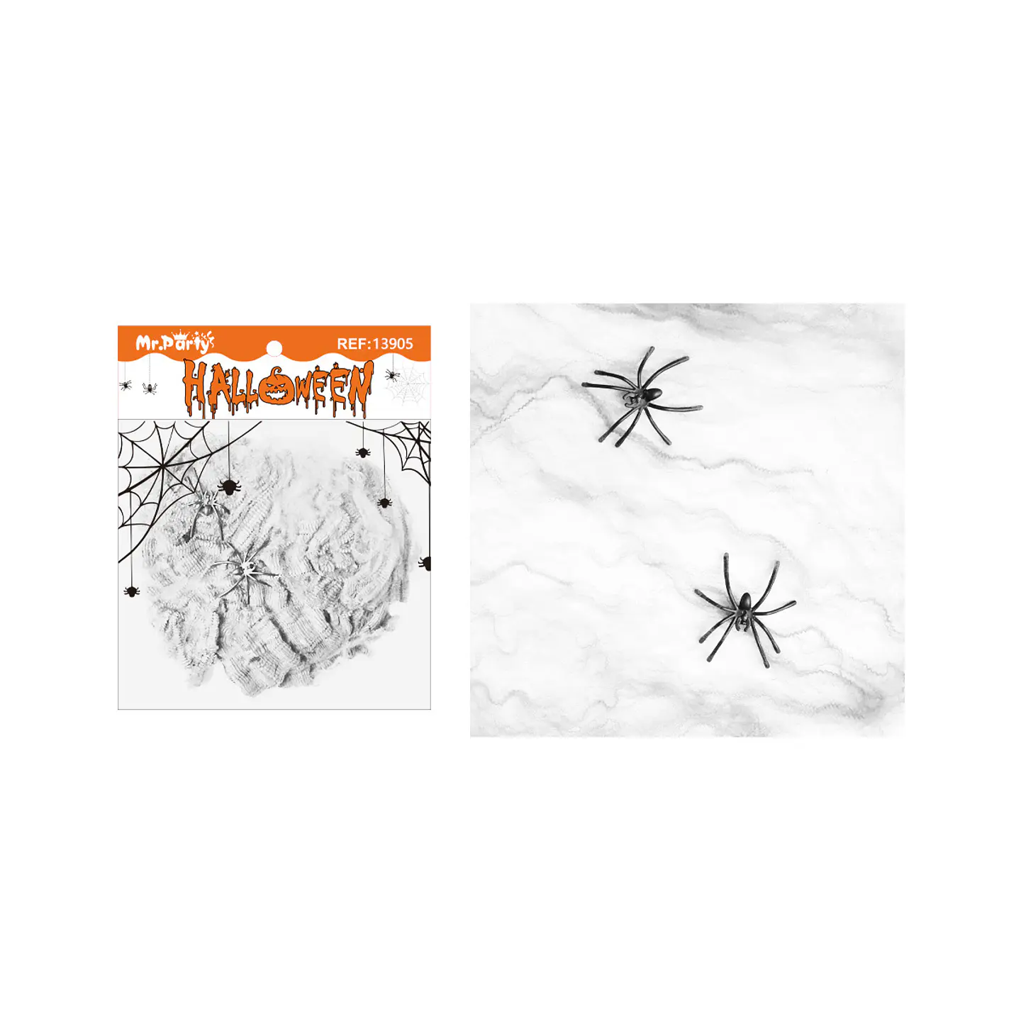Algodón de telaraña blanco Halloween 60g con 6 arañas 1