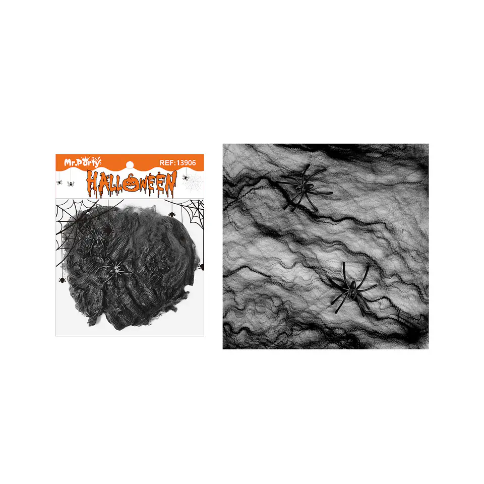Algodón de telaraña negro Halloween 60g con 6 arañas 1