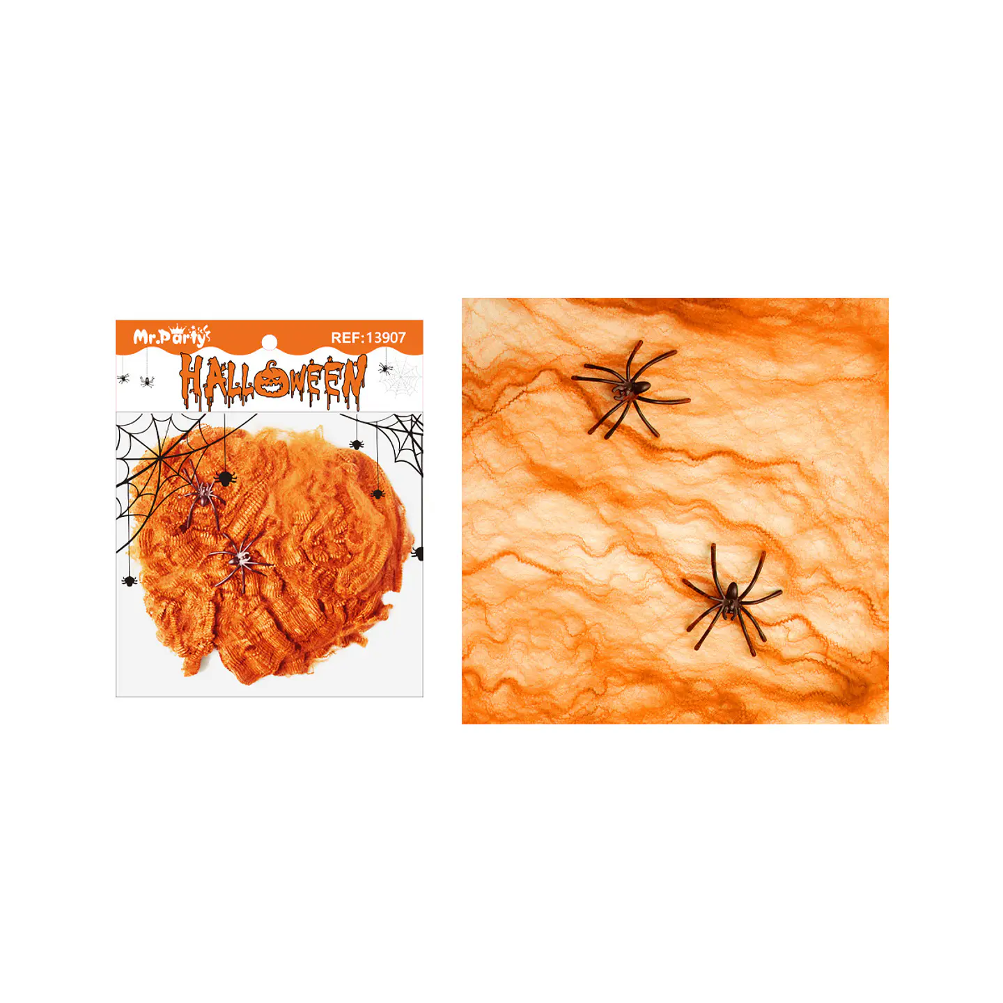 Algodón de telaraña naranja Halloween 60g con 6 arañas 1