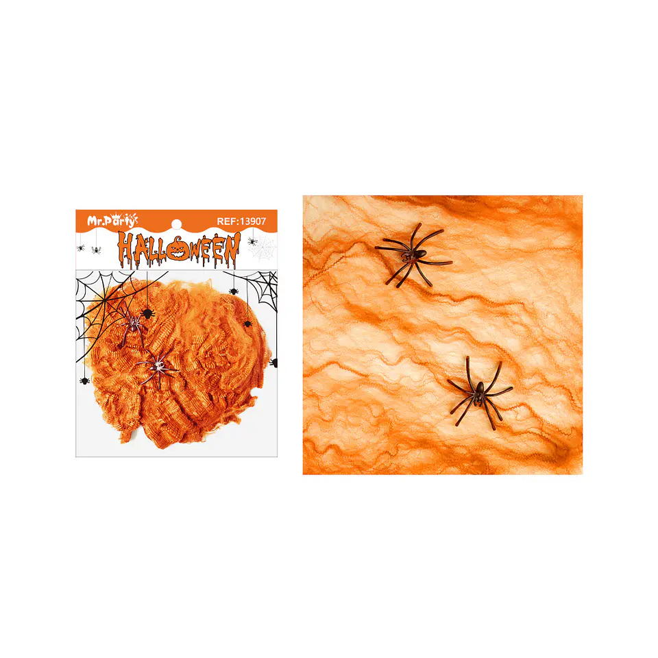 Algodón de telaraña naranja Halloween 60g con 6 arañas 1