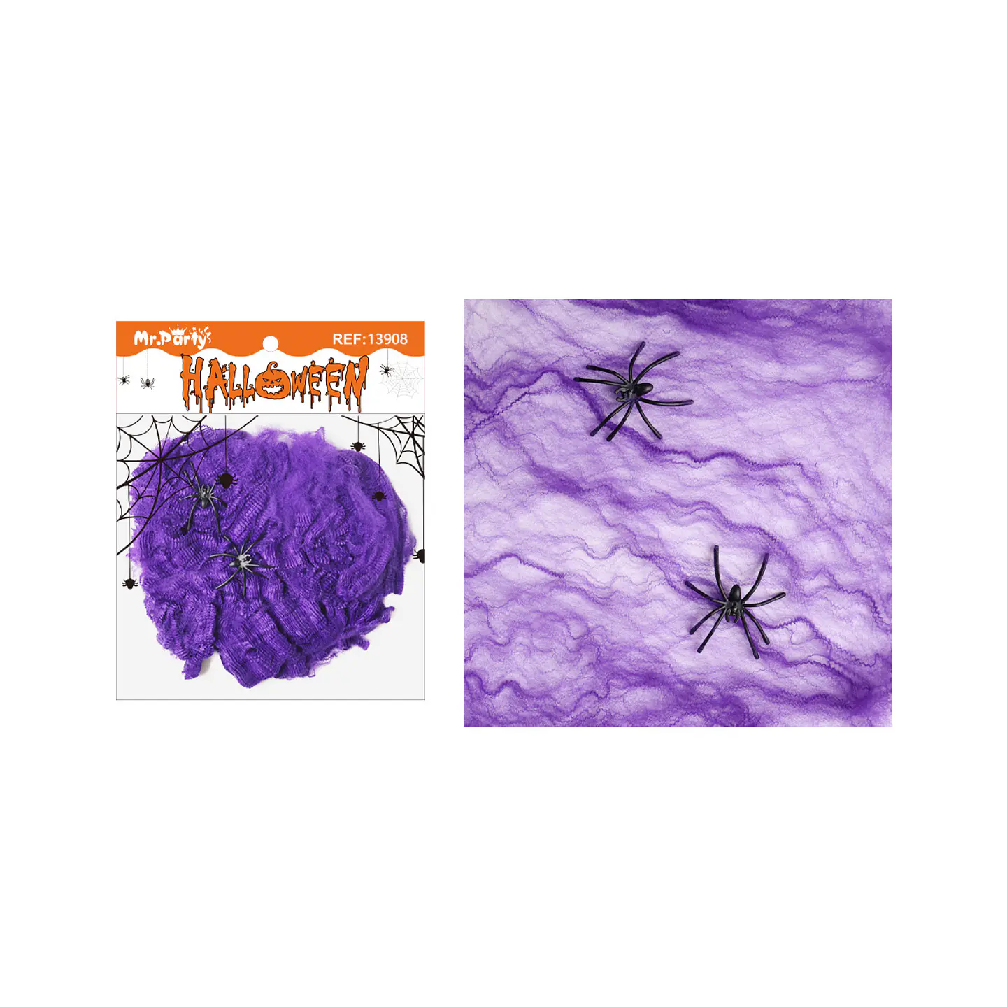 Algodón de telaraña morado Halloween 60g con 6 arañas 1