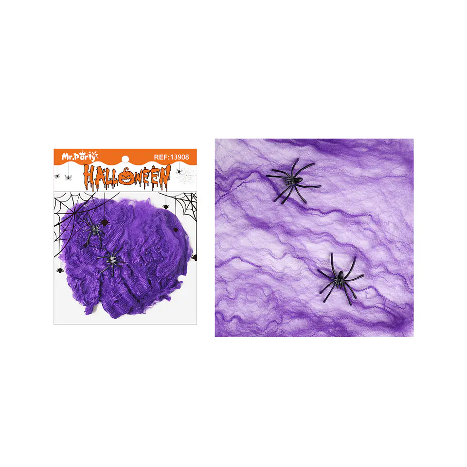 Algodón de telaraña morado Halloween 60g con 6 arañas 1