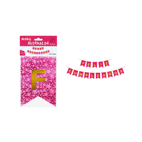 Guirnalda feliz cumpleaños láser fucsia con estrella 12*17cm
