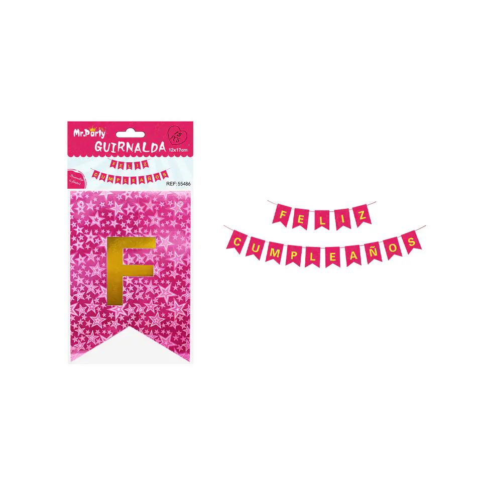 Guirnalda feliz cumpleaños láser fucsia con estrella 12*17cm 1