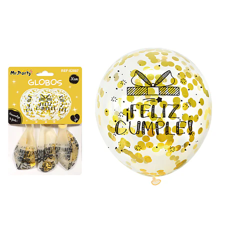 Globos de látex con confetti redondo dorado feliz cumpleaños 30cm 3pcs