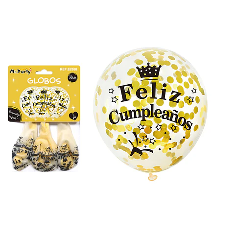 Globos de látex con confetti redondo dorado feliz cumpleaños 30cm 3pcs