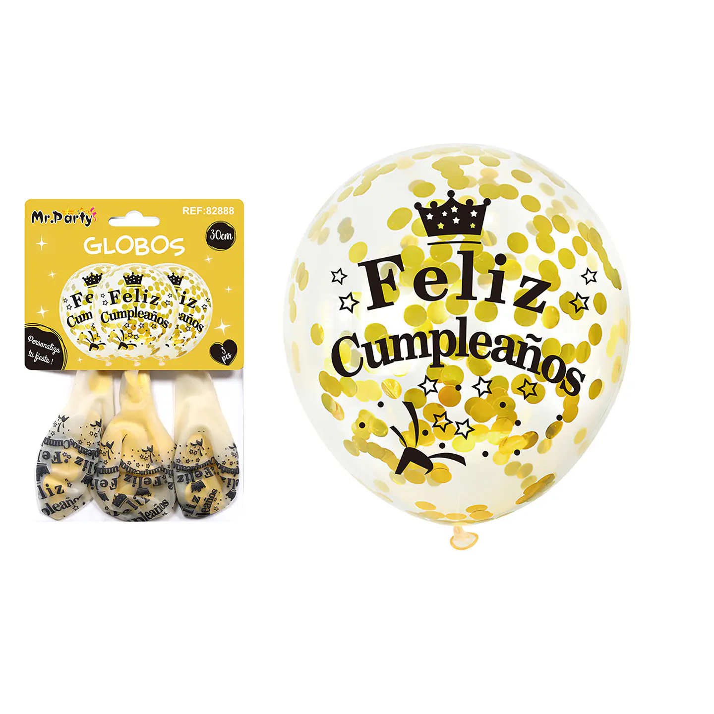 Globos de látex con confetti redondo dorado feliz cumpleaños 30cm 3pcs 1
