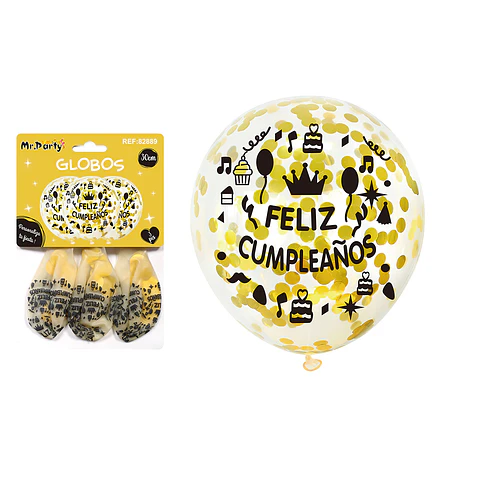 Globos de látex con confetti redondo dorado feliz cumpleaños 30cm 3pcs