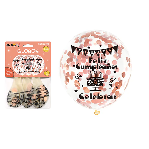 Globos de látex con confetti redondo rosa champagne feliz cumpleaños 30cm 3pcs
