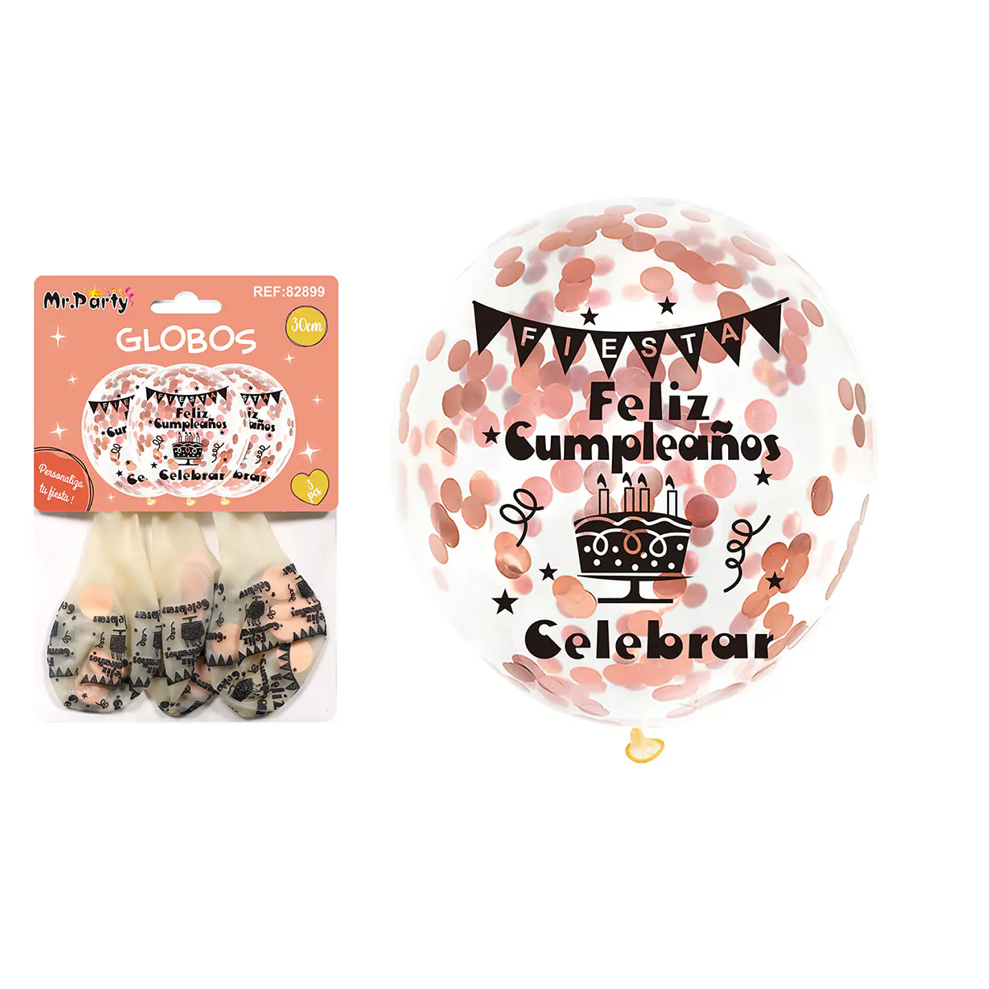 Globos de látex con confetti redondo rosa champagne feliz cumpleaños 30cm 3pcs 1