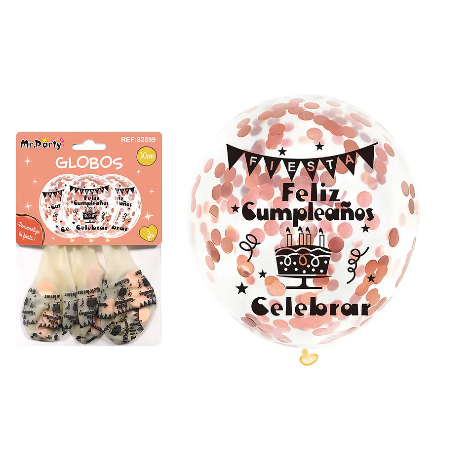 Globos de látex con confetti redondo rosa champagne feliz cumpleaños 30cm 3pcs 1