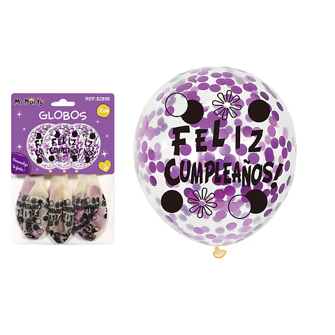 Globos de látex con confetti redondo morado feliz cumpleaños 30cm 3pcs