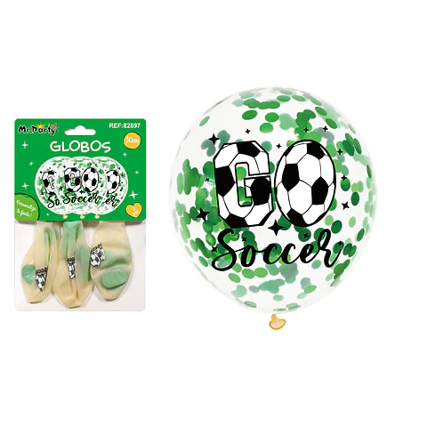 Globos de látex con confetti redondo verde fútbol 30cm 3pcs