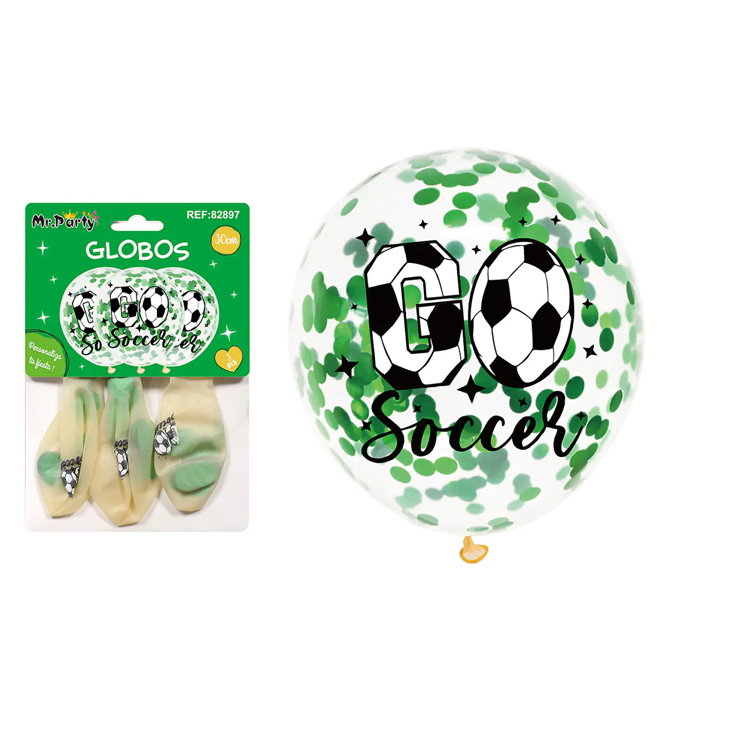 Globos de látex con confetti redondo verde fútbol 30cm 3pcs 1