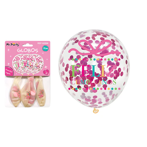 Globos de látex con confetti redondo rosado feliz cumpleaños 30cm 3pcs