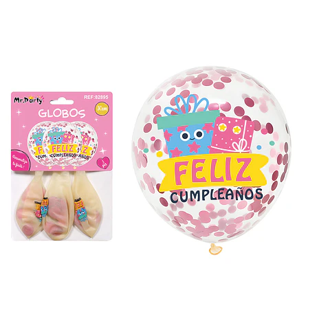Globos de látex con confetti redondo rosado feliz cumpleaños 30cm 3pcs