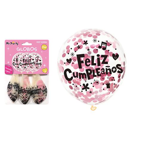 Globos de látex con confetti redondo rosado feliz cumpleaños 30cm 3pcs