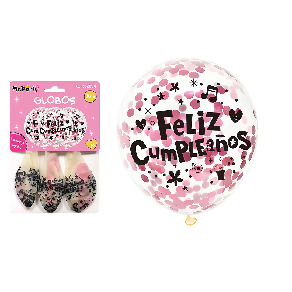Globos de látex con confetti redondo rosado feliz cumpleaños 30cm 3pcs 1