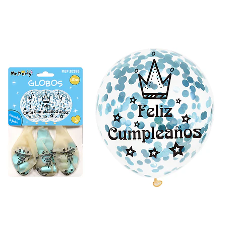 Globos de látex con confetti redondo azul feliz cumpleaños 30cm 3pcs