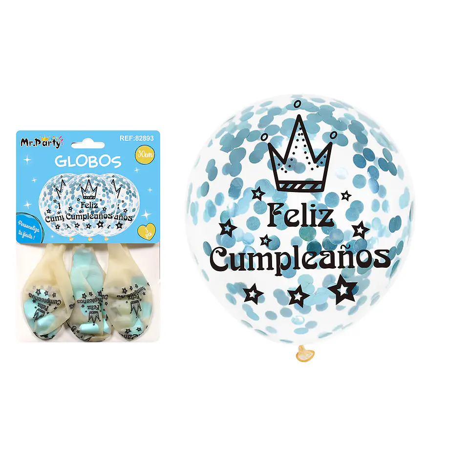 Globos de látex con confetti redondo azul feliz cumpleaños 30cm 3pcs 1