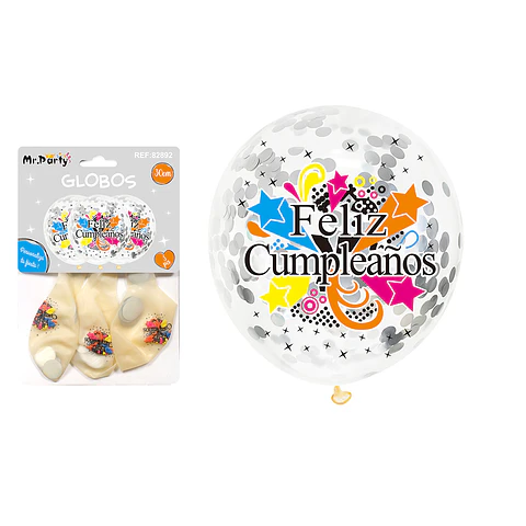 Globos de látex con confetti redondo plateado feliz cumpleaños 30cm 3pcs