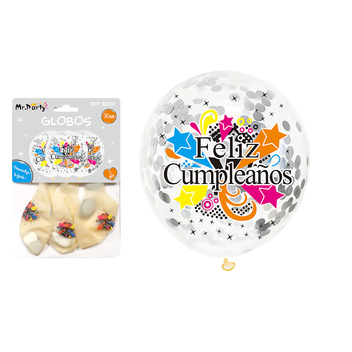 Globos de látex con confetti redondo plateado feliz cumpleaños 30cm 3pcs 1
