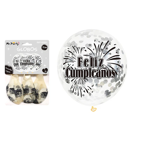 Globos de látex con confetti redondo plateado feliz cumpleaños 30cm 3pcs