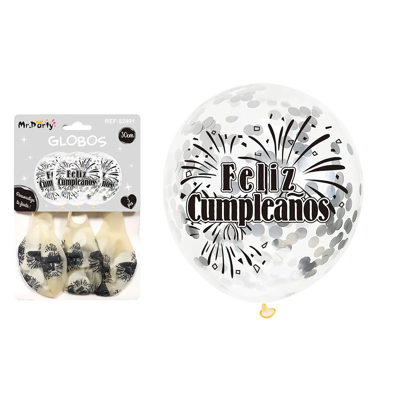Globos de látex con confetti redondo plateado feliz cumpleaños 30cm 3pcs 1