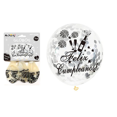 Globos de látex con confetti redondo plateado feliz cumpleaños 30cm 3pcs