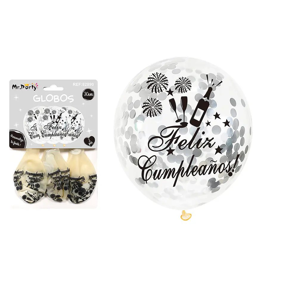 Globos de látex con confetti redondo plateado feliz cumpleaños 30cm 3pcs 1