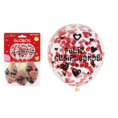 Globos de látex con confetti redondo rojo feliz cumpleaños 30cm 3pcs