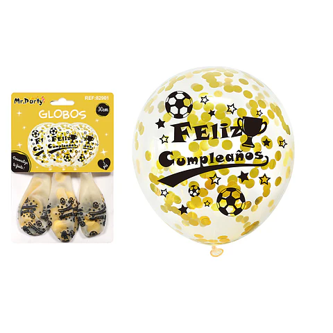 Globos de látex con confetti redondo dorado y negro feliz cumpleaños 30cm 3pcs