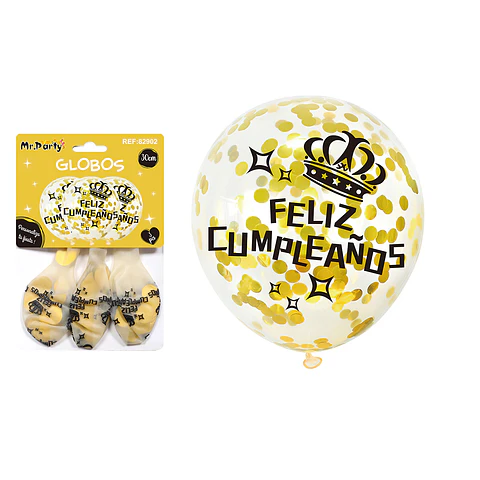Globos de látex con confetti redondo dorado feliz cumpleaños 30cm 3pcs