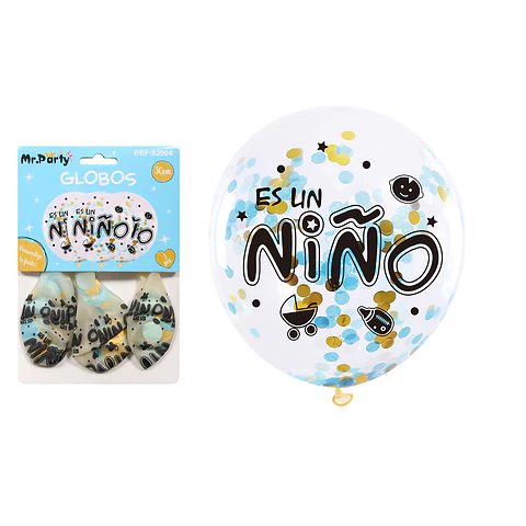 Globos de látex con confetti redondo dorado y azul baby shower 30cm 3pcs
