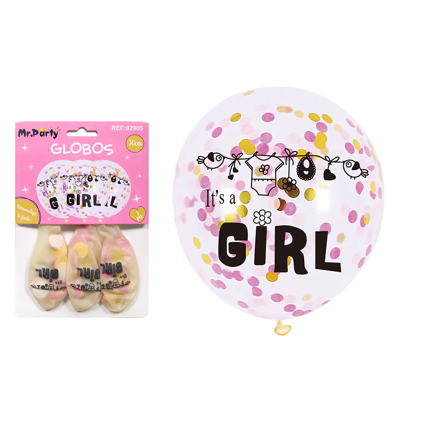 Globos de látex con confetti redondo dorado y rosado baby shower 30cm 3pcs 1