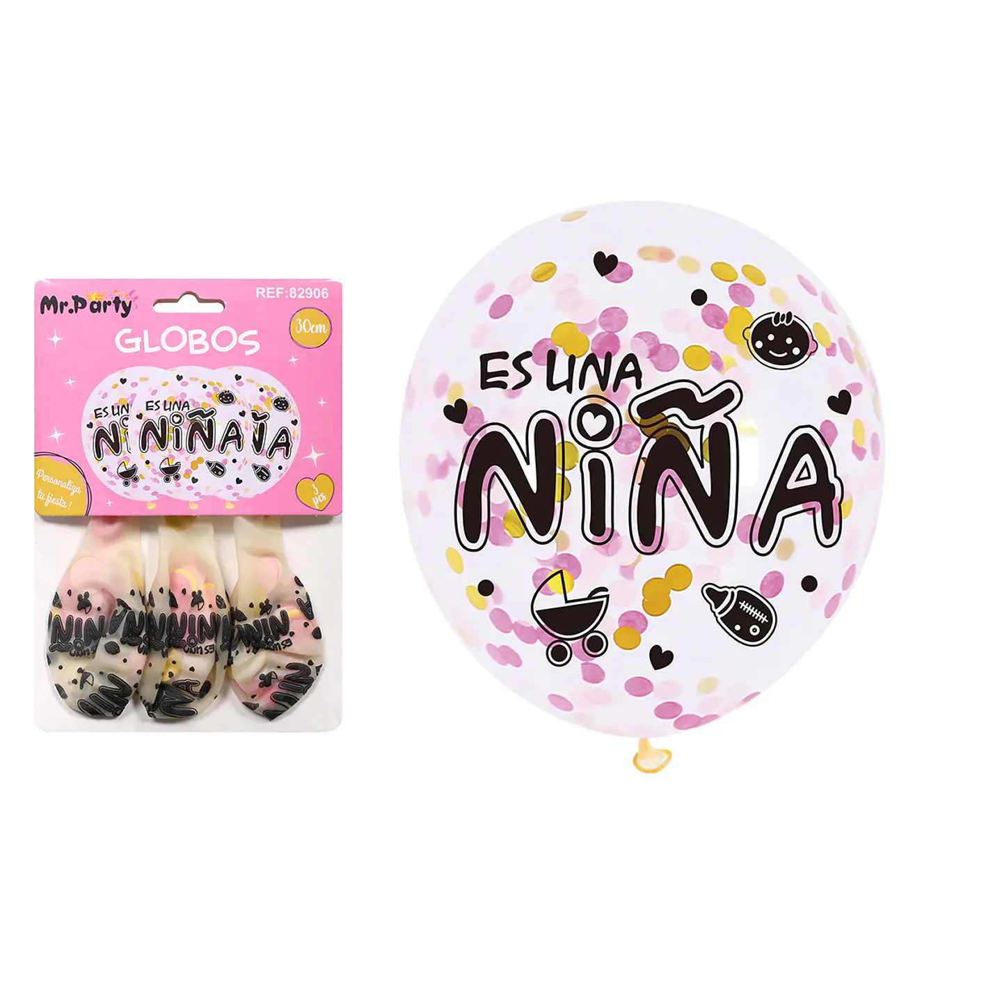 Globos de látex con confetti redondo dorado y rosado baby shower 30cm 3pcs 1