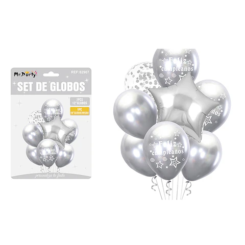 Set de globos metálico plateado feliz cumpleaños 8pcs